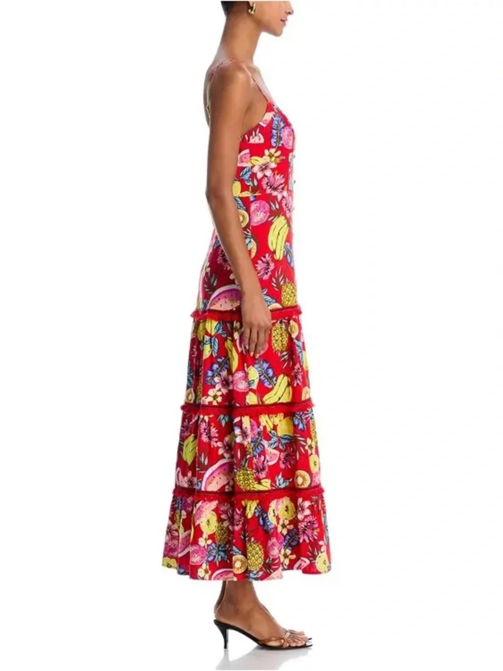 Aqua Red Tropical Fruit Tiered Maxi Dress